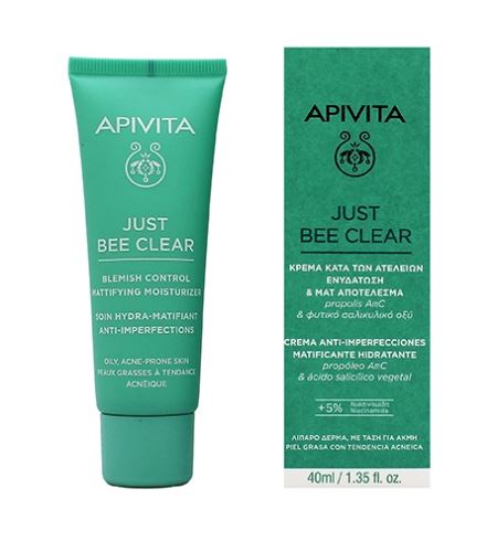Apivita Just Bee Clear Blemish Control Mattifying Moisturizer hidratáló arckrém niacinamiddal 40 ml