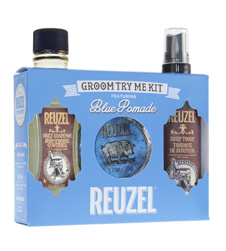 REUZEL Blue Pomade Groom Try Me Kit  ajándék szett Férfiaknak