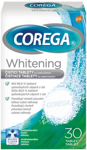 Corega Whitening antibakteriális tisztító tabletták műfogsorra