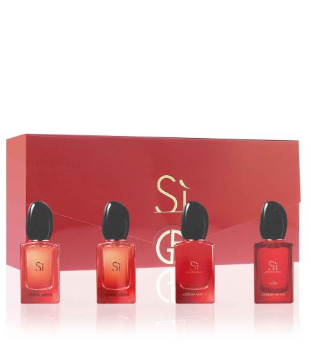 Giorgio Armani Sì miniatűr szett nőknek Sì Passione parfémovaná voda 7 ml + Sì Passione Éclat parfémovaná voda 7 ml + Sì parfémovaná voda 7 ml + Sì Intense parfémovaná voda 7 ml